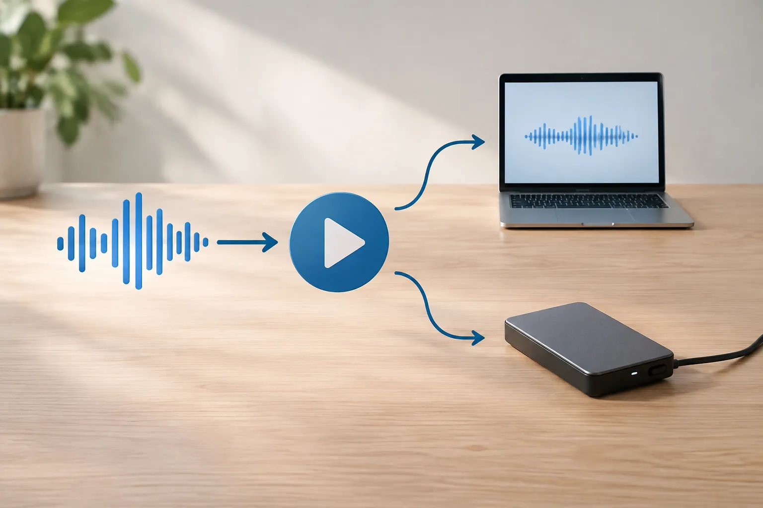 Een audiogolf en afspeelsymbool wijzen via blauwe pijlen naar een laptop en een externe schijf op een houten tafel