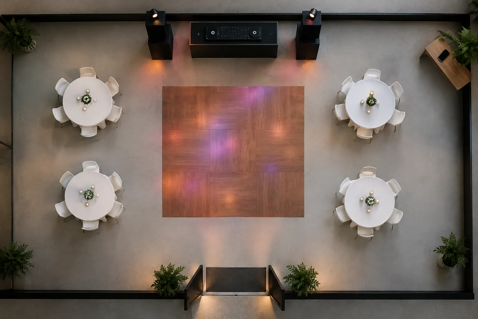 Bovenaanzicht van een feestzaal met vier tafels, dansvloer, luidsprekers en een telefoon op een hoektafel