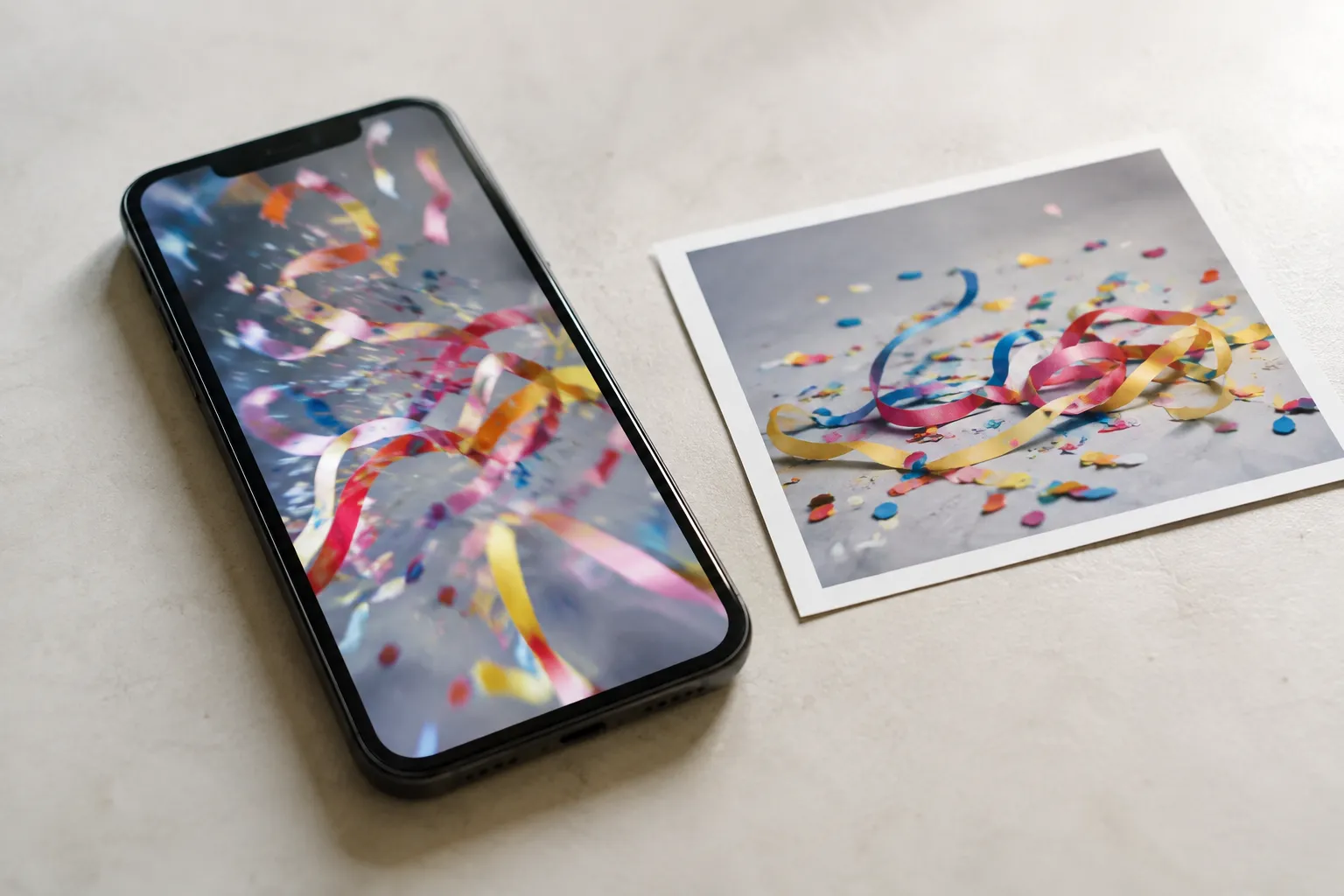 Een merkloze telefoon met bewegende kleurrijke feestlinten naast een losse fotoafdruk van linten en confetti