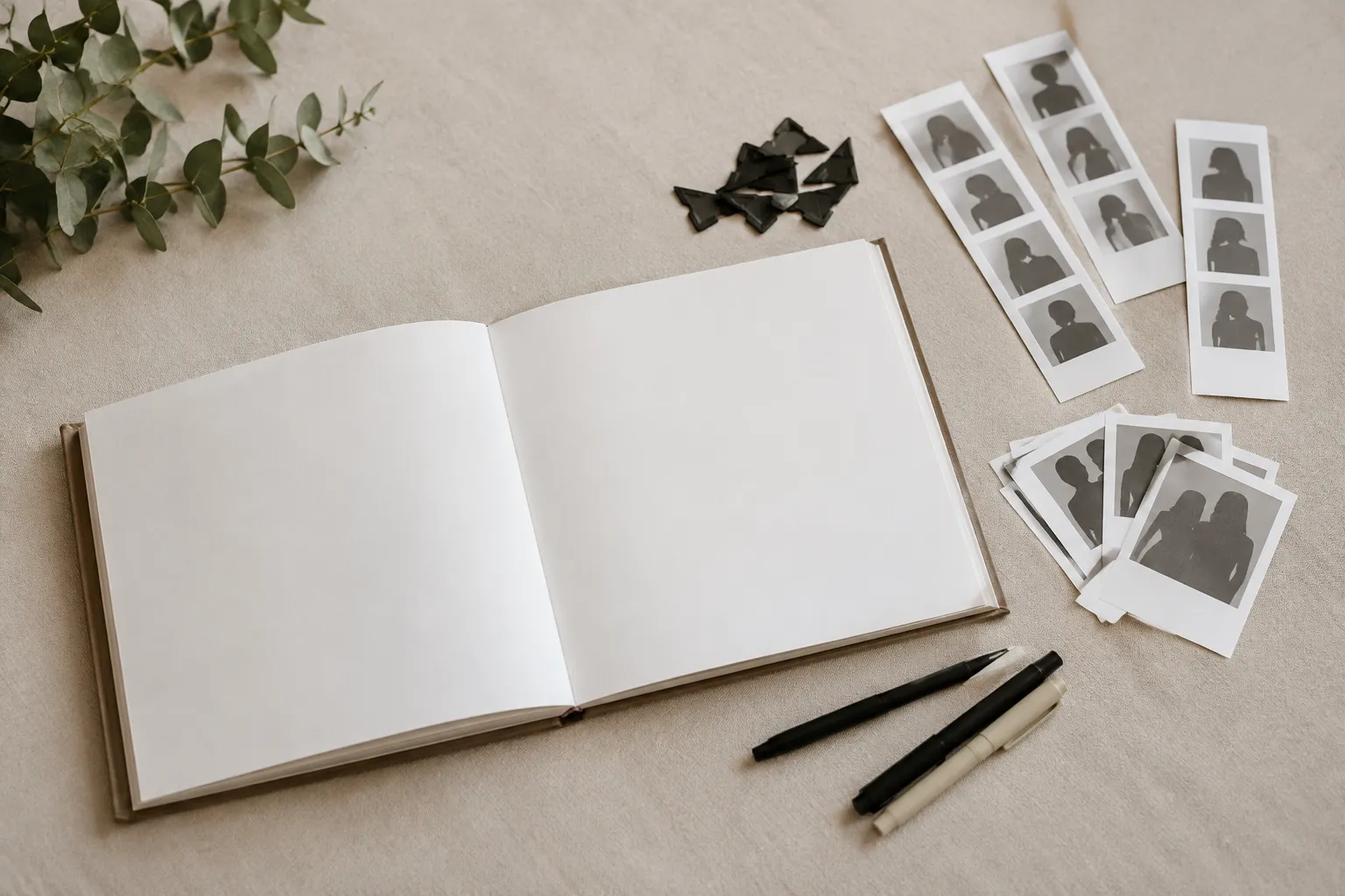 Een open blanco gastenboek met pennen, zwarte fotohoekjes en fotostrips met grijze silhouetten op een beige tafel