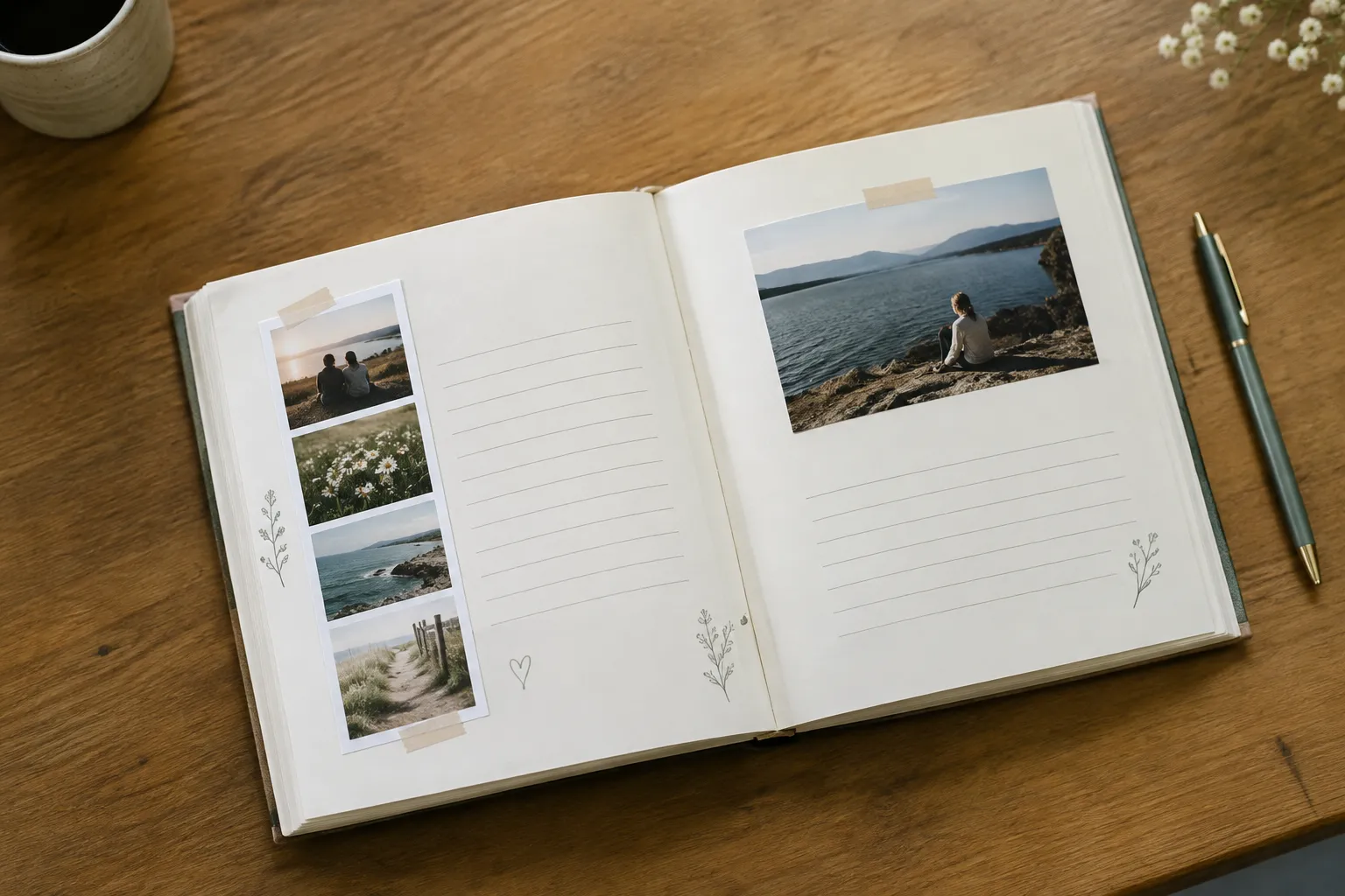 Open herinneringsalbum met een fotostrip, een grote foto en lege schrijflijnen, naast een groene pen op hout