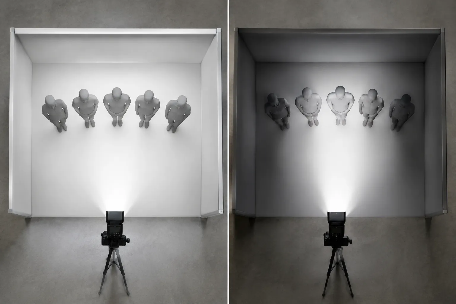Twee boothopstellingen van bovenaf: links vijf egaal belichte figuren, rechts donkere figuren aan de randen
