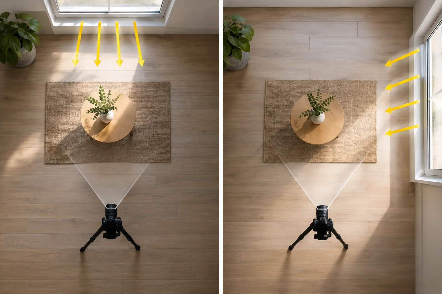 Twee bovenaanzichten met camera, salontafel en gele lichtpijlen tonen een raam achter en naast de tafel