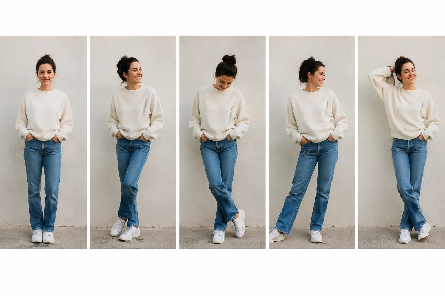 Vijfdelige fotostrip van een vrouw in een witte trui en spijkerbroek, met steeds lossere houdingen tegen dezelfde muur
